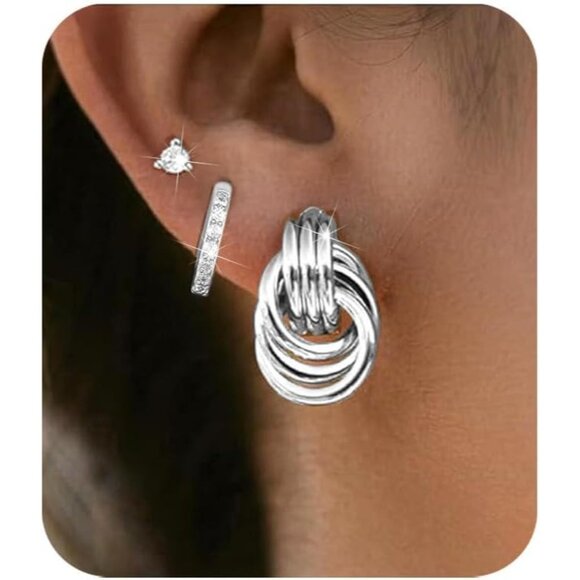 3 Pairs Silver Hoop Earrings Set for Women Chunky Trendy Huggie Dainty Jewelry - Picture 2 of 6